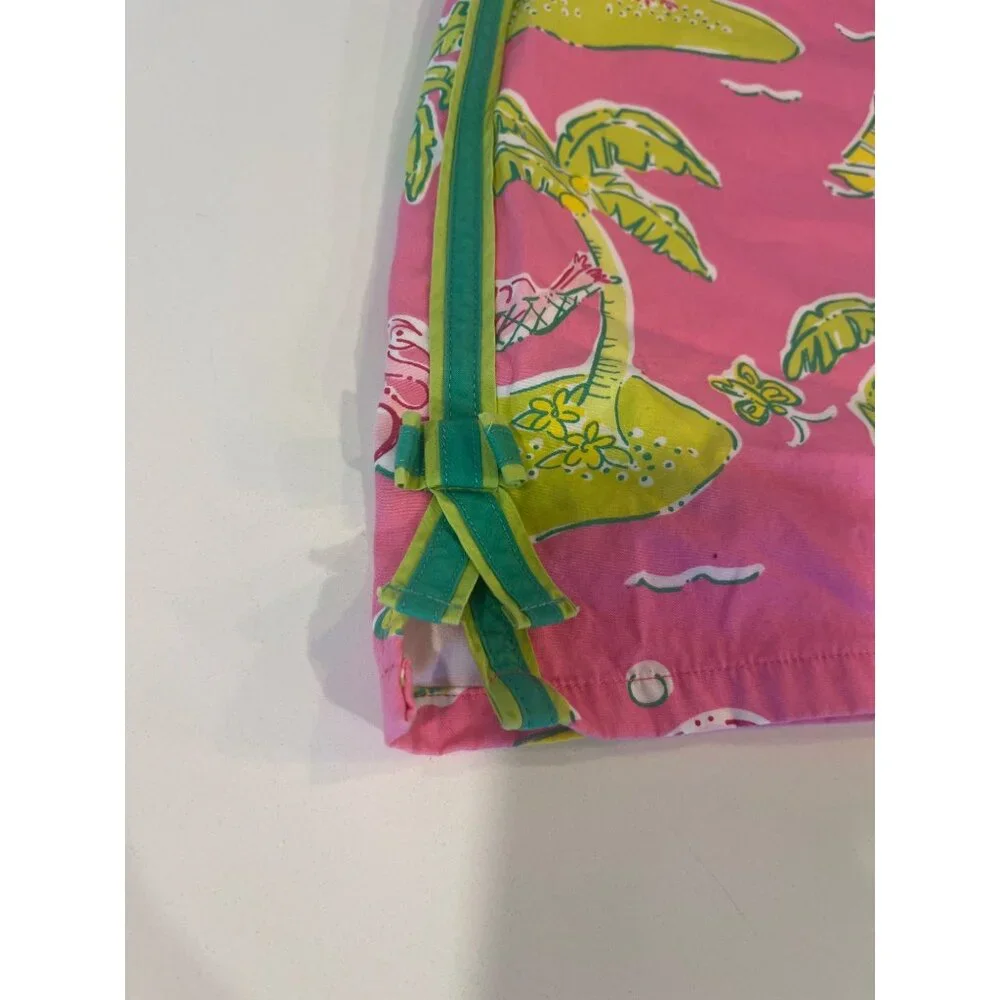 Lilly Pulitzer Flamingo & Palm Print Pink Mini Skirt W/ Green Ribbon Tie Detail - Picture 2 of 6